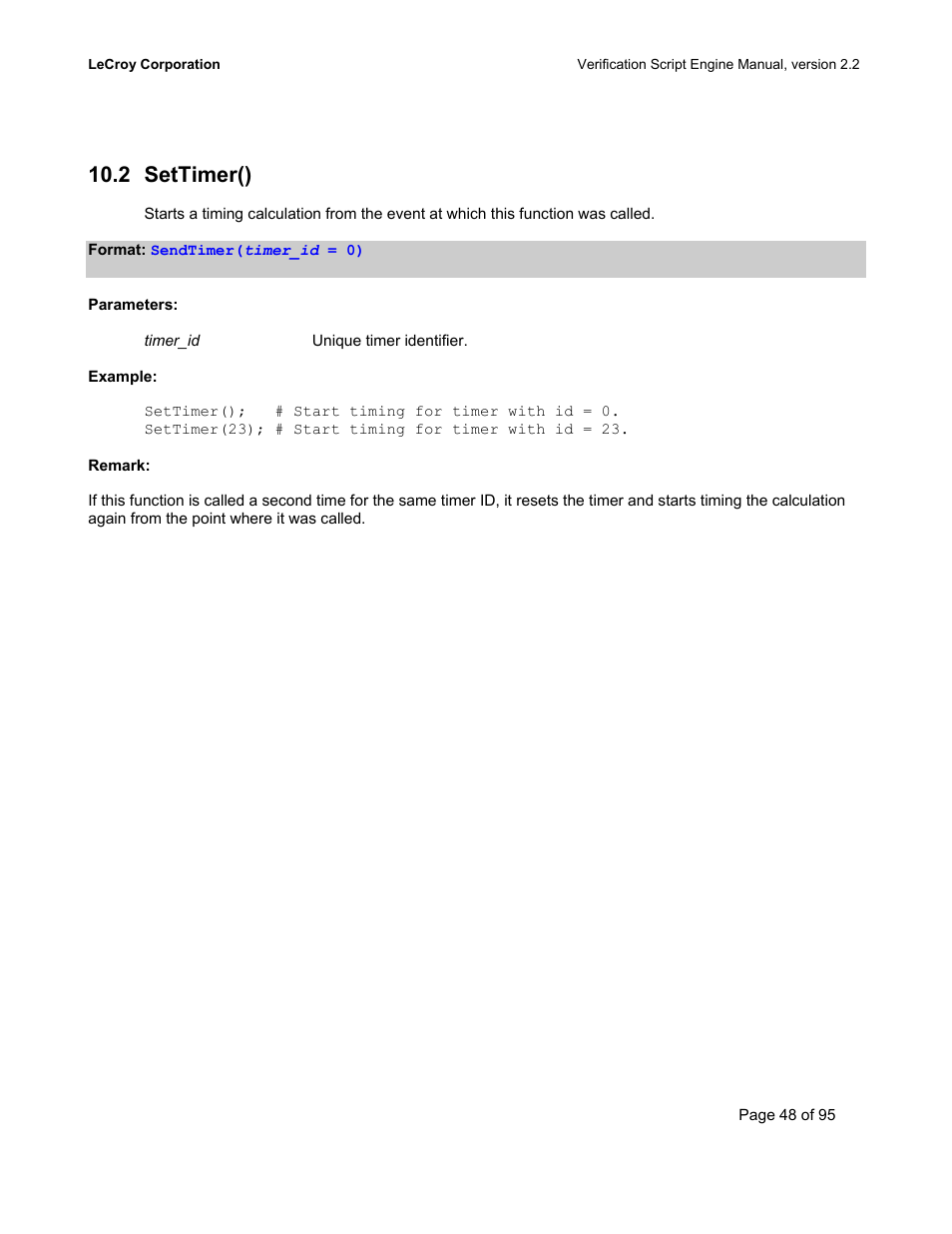 Settimer(), Imer, 2 settimer() | Teledyne LeCroy UWBTracer Verification Script Engine Manual User Manual | Page 48 / 95