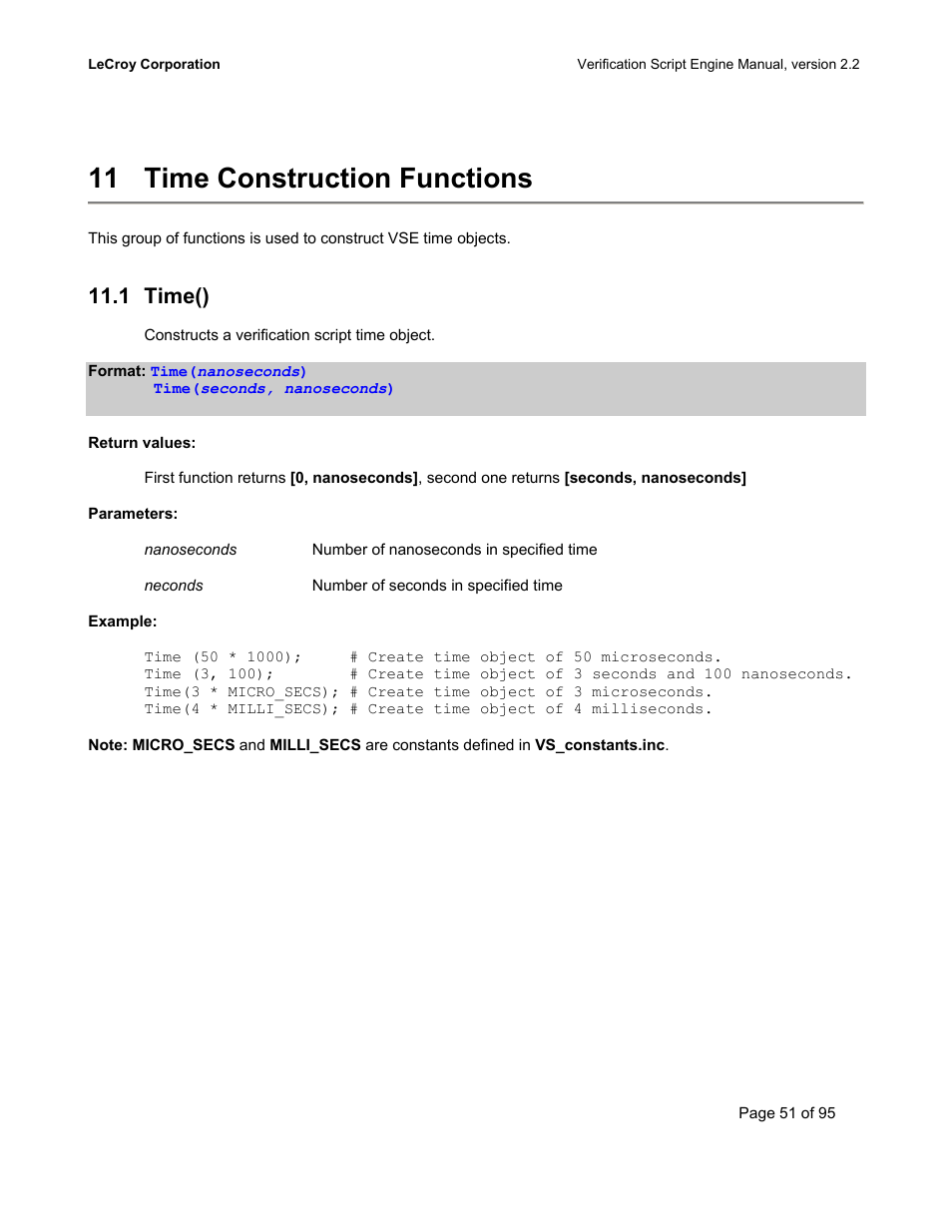 Time construction functions, Time(), 11 time construction functions | 1 time() | Teledyne LeCroy UWBTracer Verification Script Engine Manual User Manual | Page 51 / 95