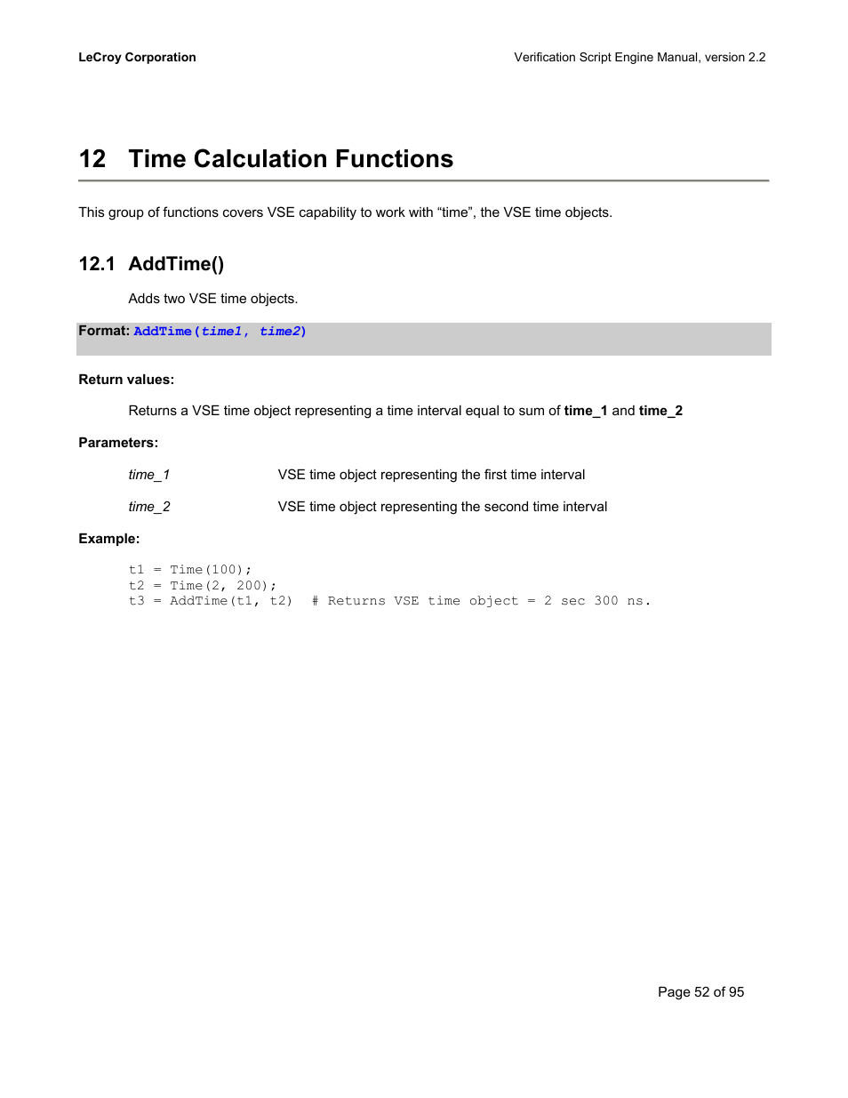 Time calculation functions, Addtime(), 12 time calculation functions | 1 addtime() | Teledyne LeCroy UWBTracer Verification Script Engine Manual User Manual | Page 52 / 95