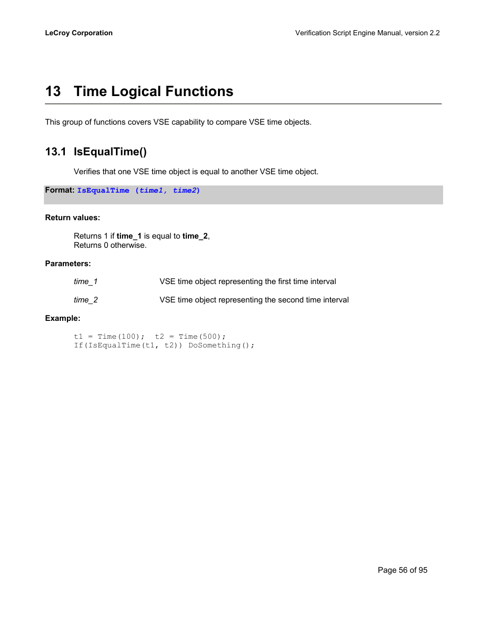 Time logical functions, Isequaltime(), Qual | 13 time logical functions, 1 isequaltime() | Teledyne LeCroy UWBTracer Verification Script Engine Manual User Manual | Page 56 / 95