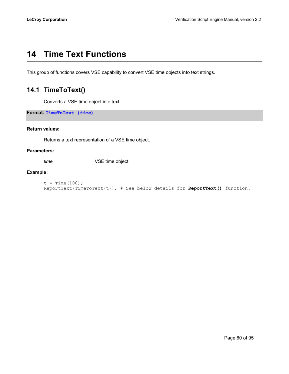 Time text functions, Timetotext(), 14 time text functions | 1 timetotext() | Teledyne LeCroy UWBTracer Verification Script Engine Manual User Manual | Page 60 / 95