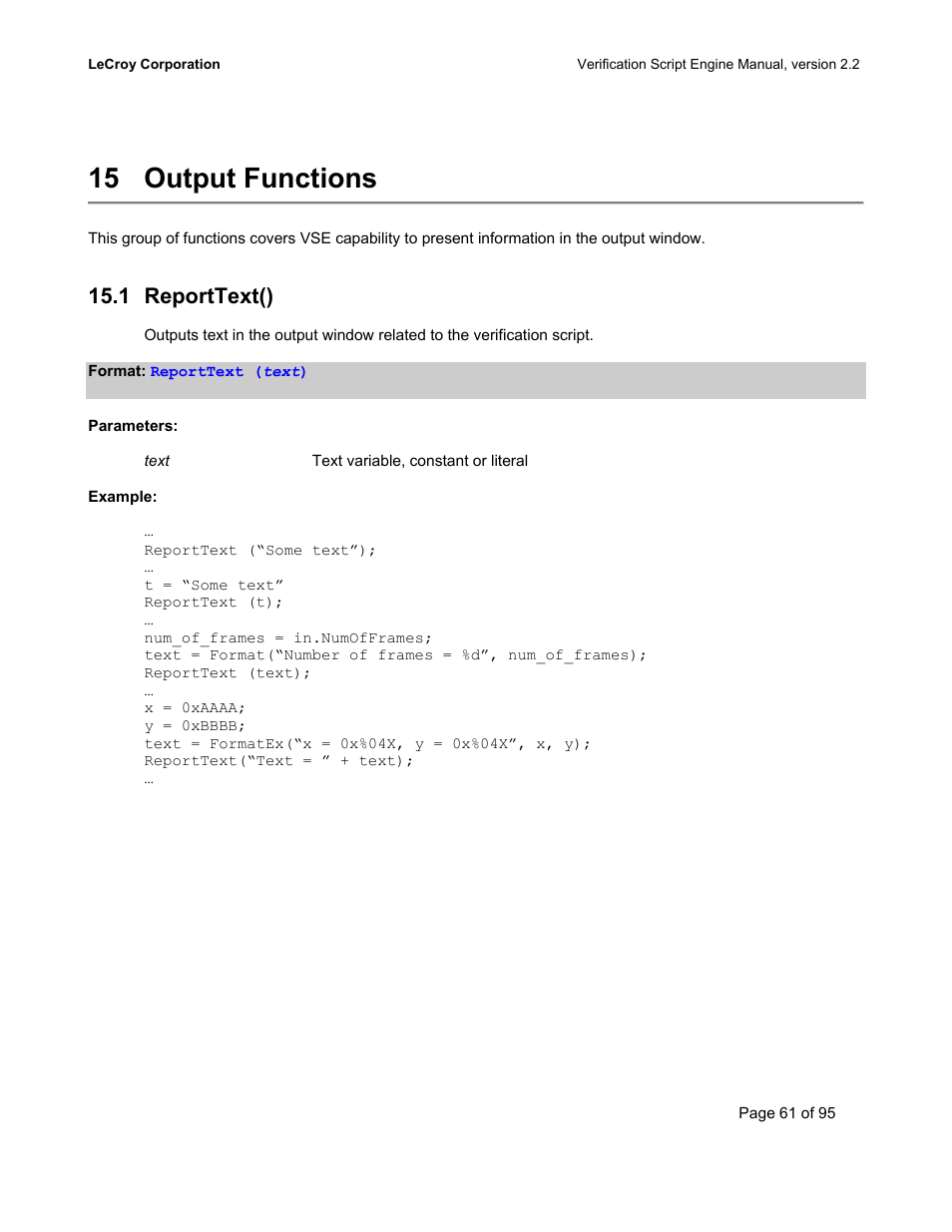 Output functions, Reporttext(), Eport | 15 output functions, 1 reporttext() | Teledyne LeCroy UWBTracer Verification Script Engine Manual User Manual | Page 61 / 95