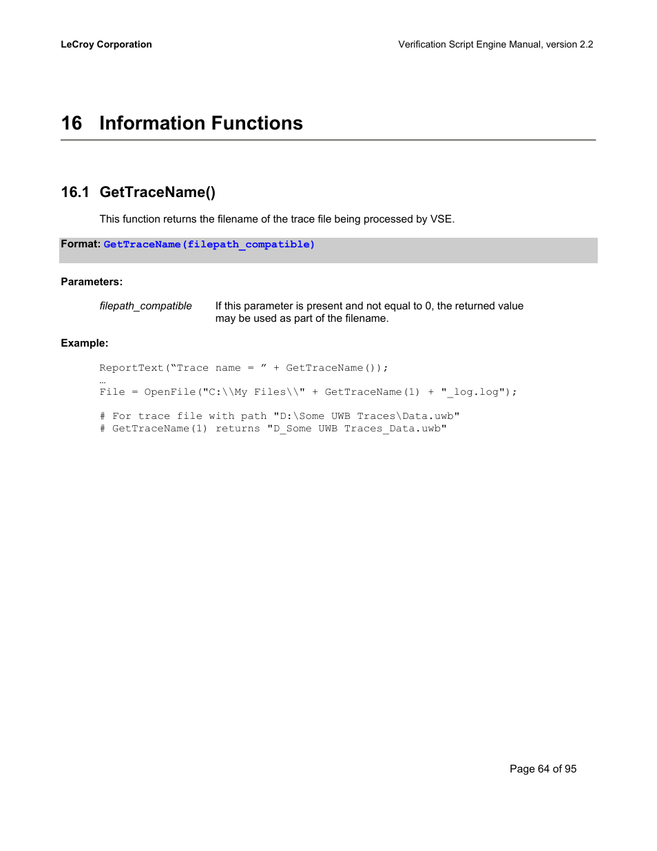 Information functions, Gettracename(), Race | 16 information functions, 1 gettracename() | Teledyne LeCroy UWBTracer Verification Script Engine Manual User Manual | Page 64 / 95