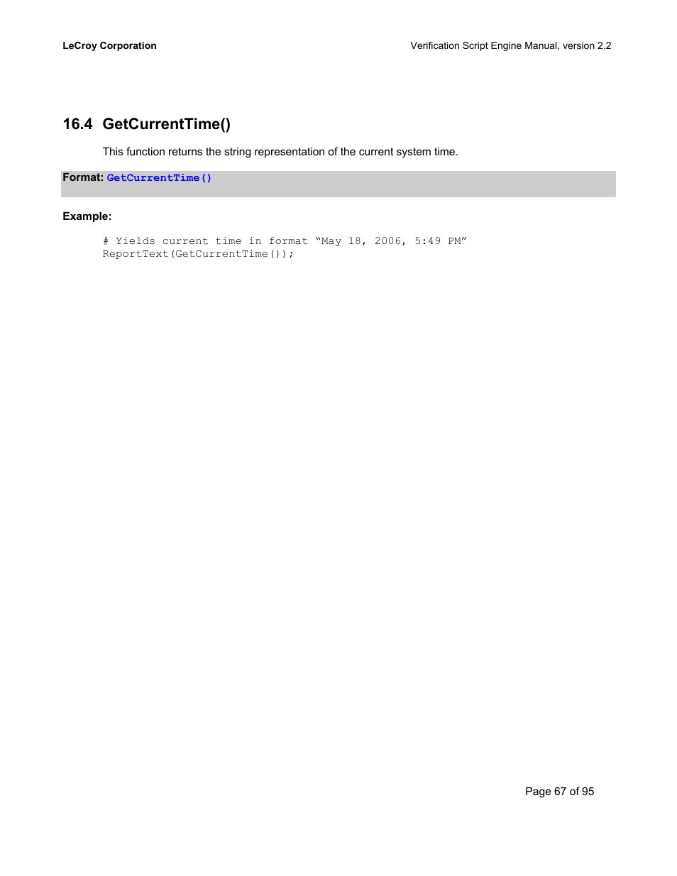 Getcurrenttime(), Urrent, 4 getcurrenttime() | Teledyne LeCroy UWBTracer Verification Script Engine Manual User Manual | Page 67 / 95