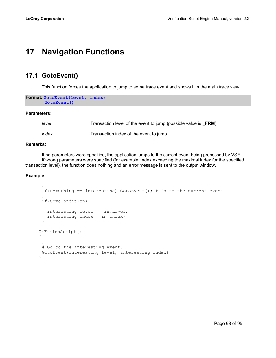 Navigation functions, Gotoevent(), Vent | 17 navigation functions, 1 gotoevent() | Teledyne LeCroy UWBTracer Verification Script Engine Manual User Manual | Page 68 / 95