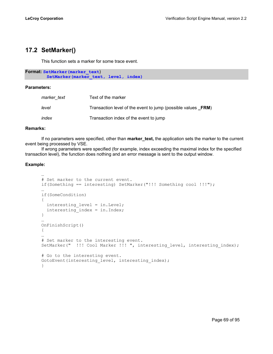 Setmarker(), Arker, 2 setmarker() | Teledyne LeCroy UWBTracer Verification Script Engine Manual User Manual | Page 69 / 95