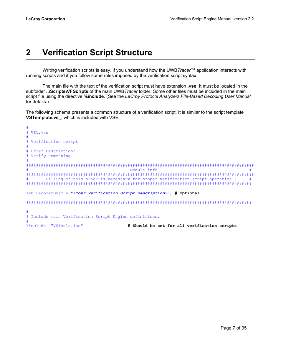 Verification script structure, 2verification script structure | Teledyne LeCroy UWBTracer Verification Script Engine Manual User Manual | Page 7 / 95