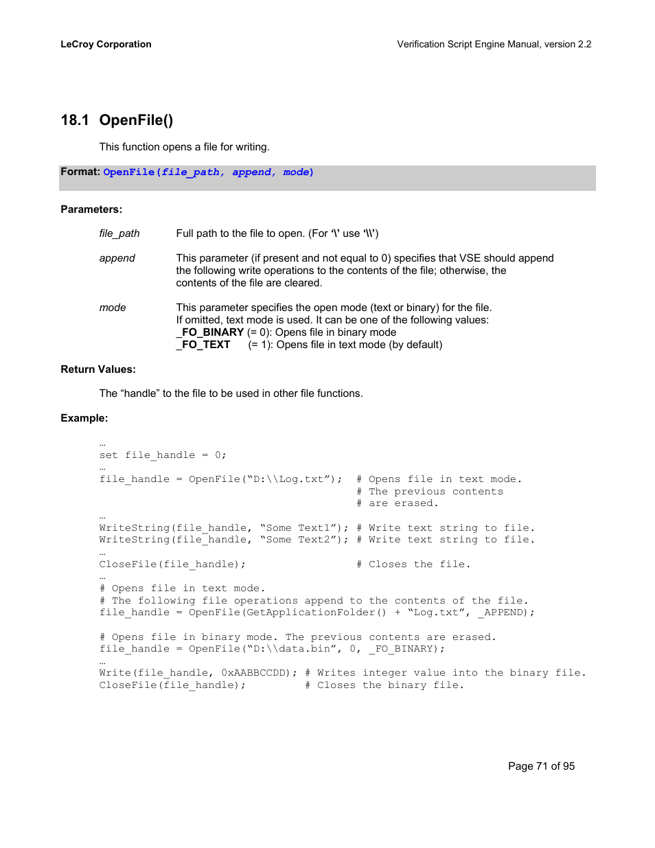 Openfile(), 1 openfile() | Teledyne LeCroy UWBTracer Verification Script Engine Manual User Manual | Page 71 / 95