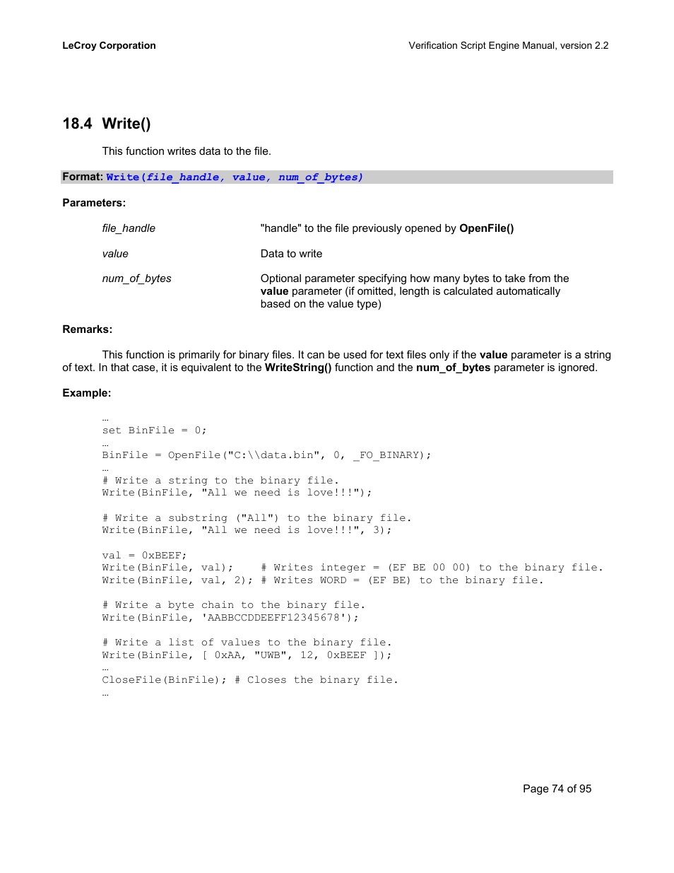 Write(), Rite, 4 write() | Teledyne LeCroy UWBTracer Verification Script Engine Manual User Manual | Page 74 / 95