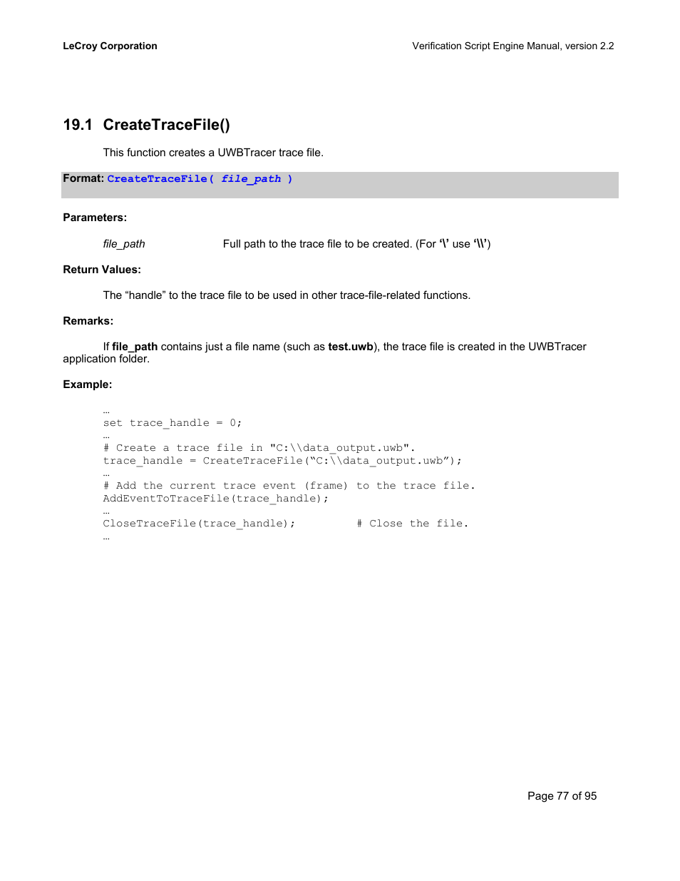 Createtracefile(), Reate, Race | 1 createtracefile() | Teledyne LeCroy UWBTracer Verification Script Engine Manual User Manual | Page 77 / 95