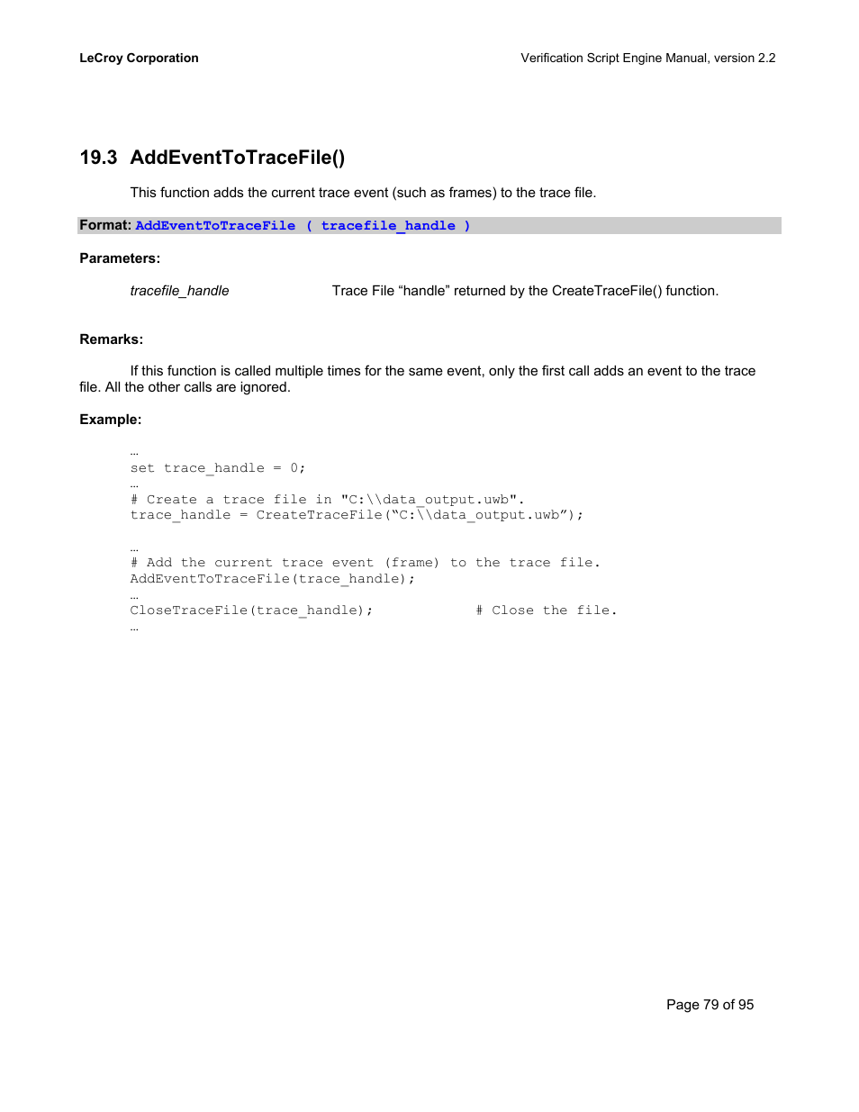 Addeventtotracefile(), Vent, Race | 3 addeventtotracefile() | Teledyne LeCroy UWBTracer Verification Script Engine Manual User Manual | Page 79 / 95