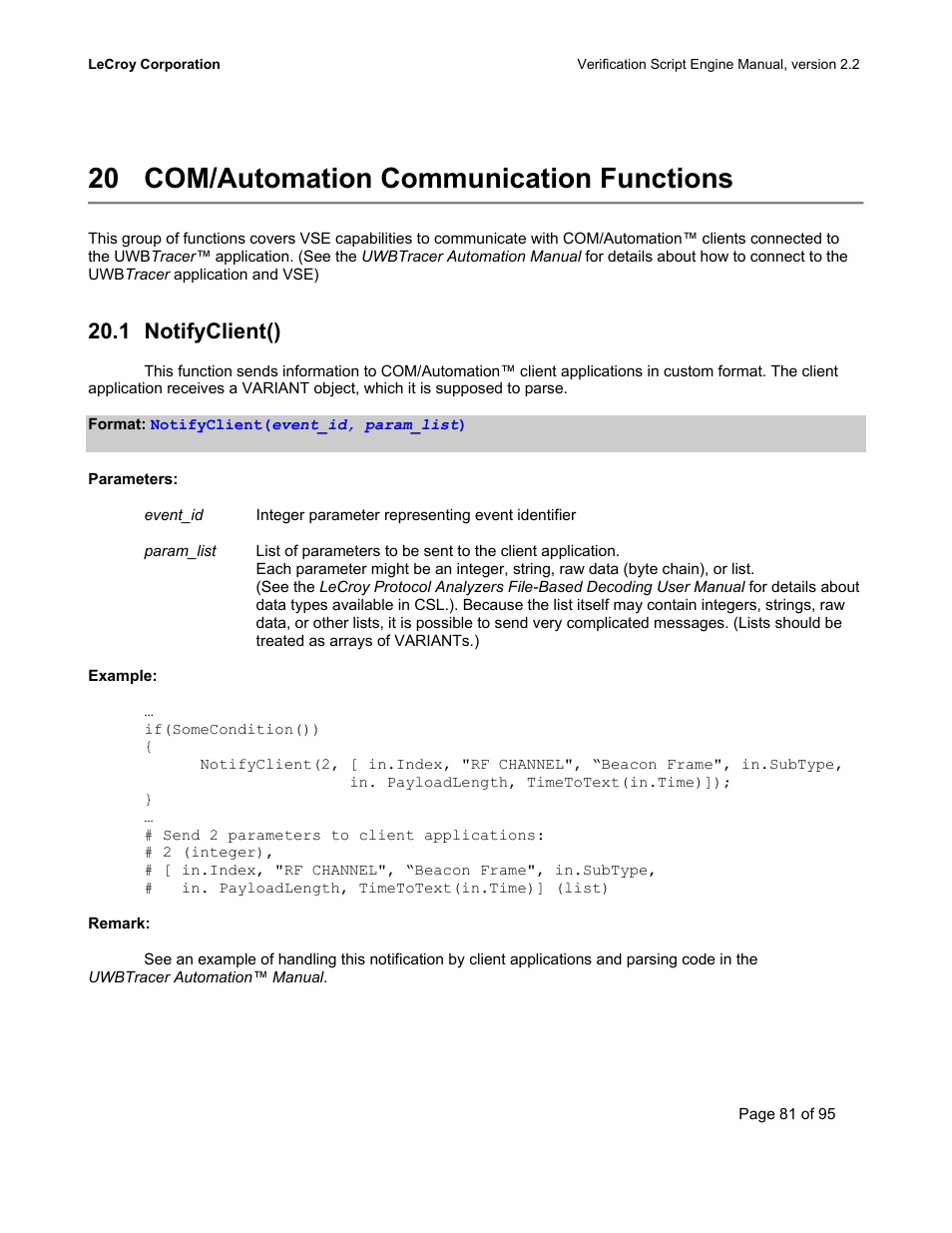 Com/automation communication functions, Notifyclient(), Otify | Lient, 20 com/automation communication functions, 1 notifyclient() | Teledyne LeCroy UWBTracer Verification Script Engine Manual User Manual | Page 81 / 95