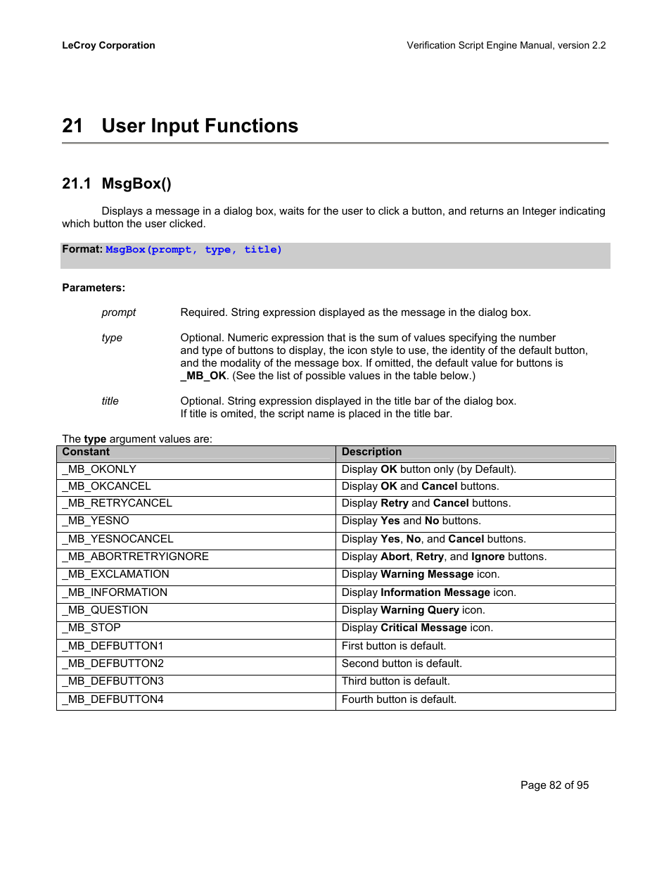 User input functions, Msgbox(), 21 user input functions | 1 msgbox() | Teledyne LeCroy UWBTracer Verification Script Engine Manual User Manual | Page 82 / 95