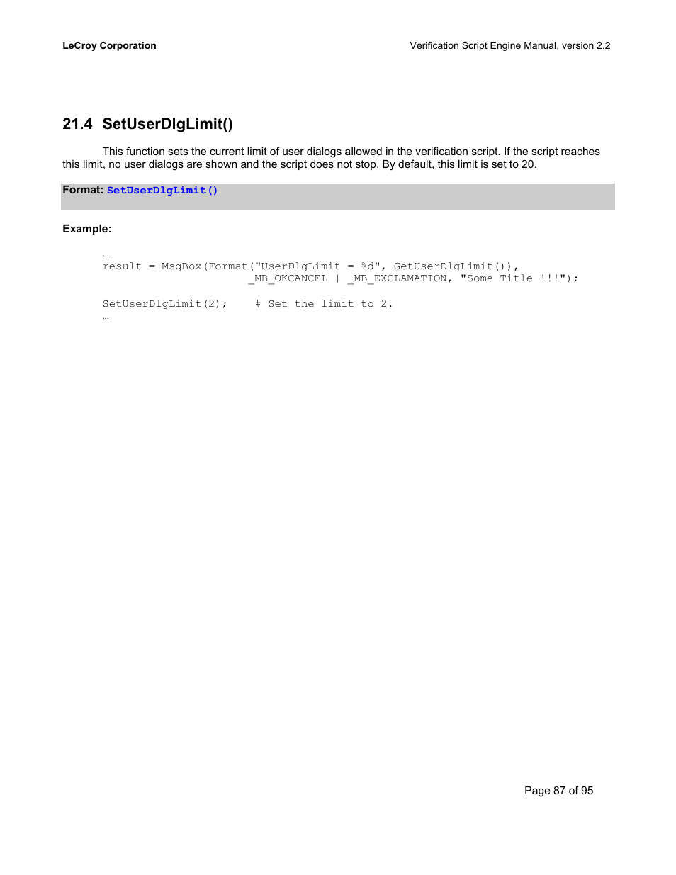 Setuserdlglimit(), Imit, 4 setuserdlglimit() | Teledyne LeCroy UWBTracer Verification Script Engine Manual User Manual | Page 87 / 95