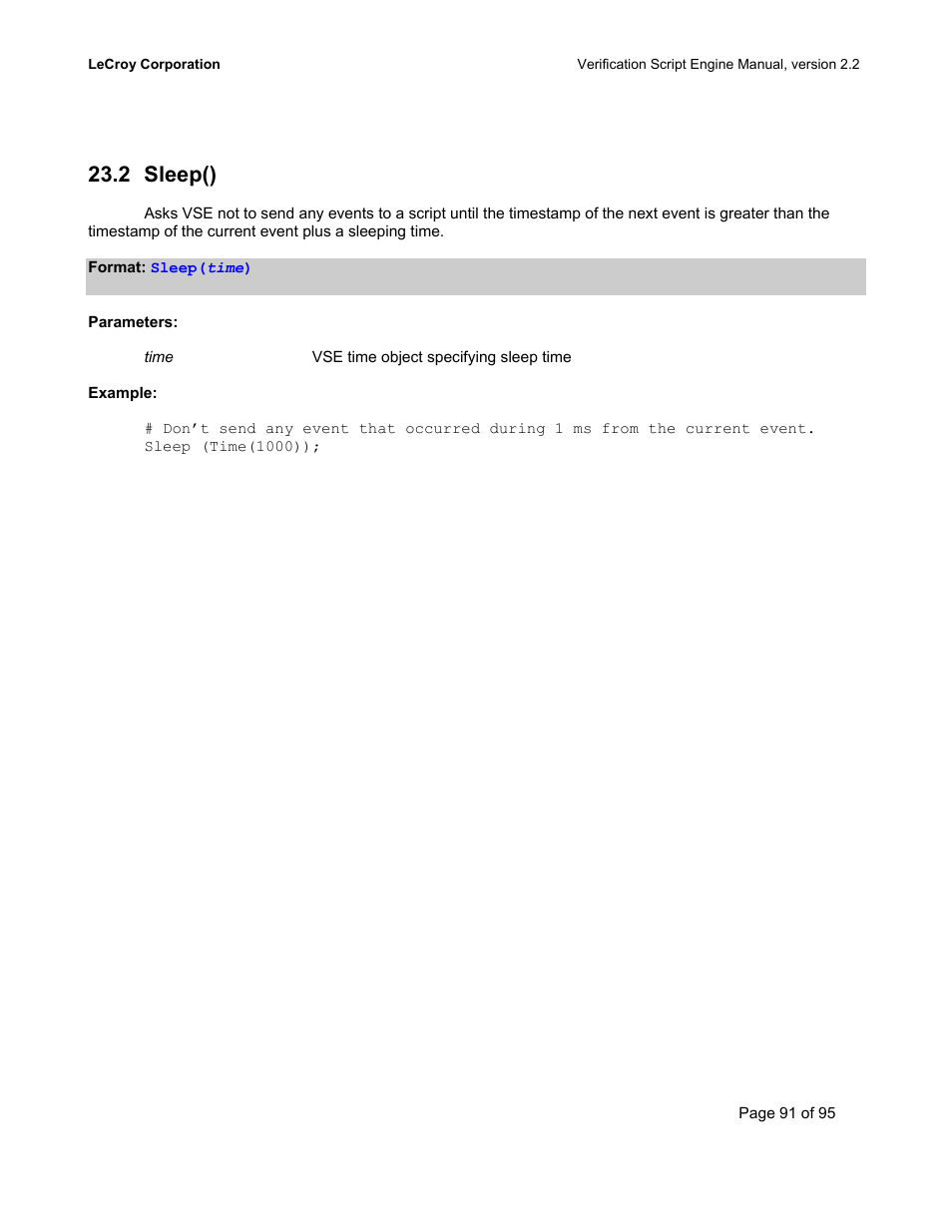 Sleep(), Leep, 2 sleep() | Teledyne LeCroy UWBTracer Verification Script Engine Manual User Manual | Page 91 / 95