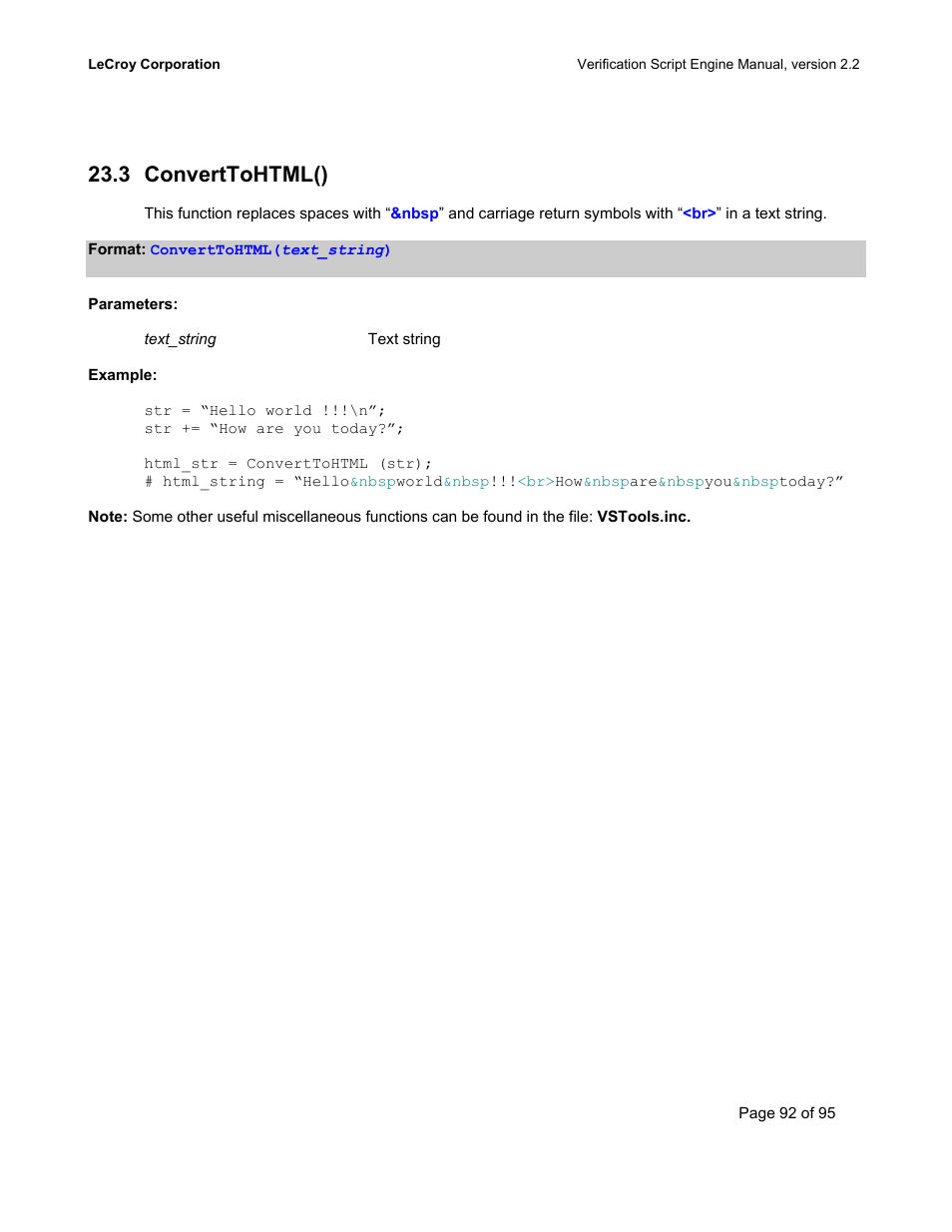 Converttohtml(), Onvert, Html() | 3 converttohtml() | Teledyne LeCroy UWBTracer Verification Script Engine Manual User Manual | Page 92 / 95