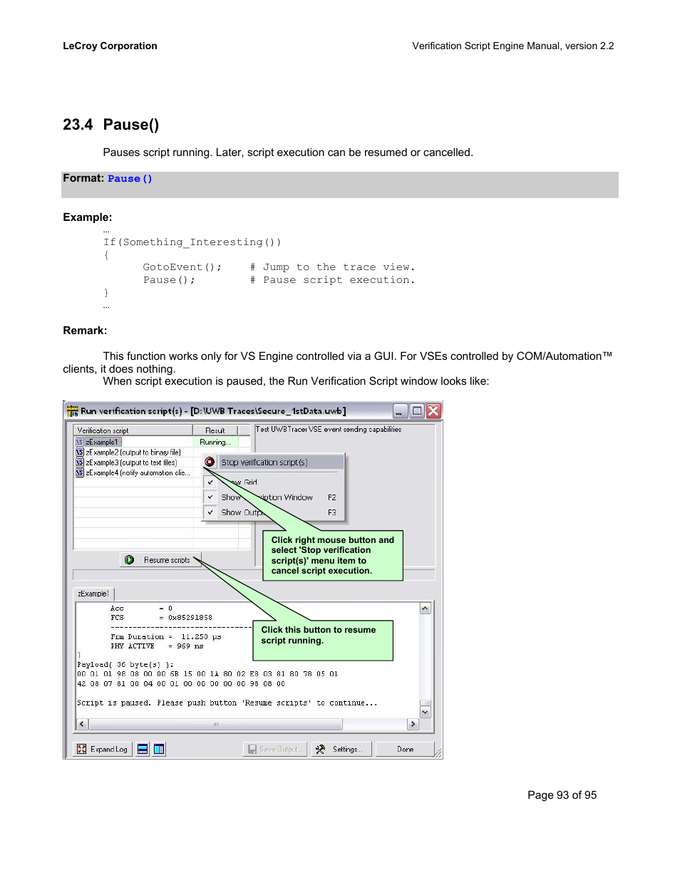 Pause(), Ause, 4 pause() | Teledyne LeCroy UWBTracer Verification Script Engine Manual User Manual | Page 93 / 95