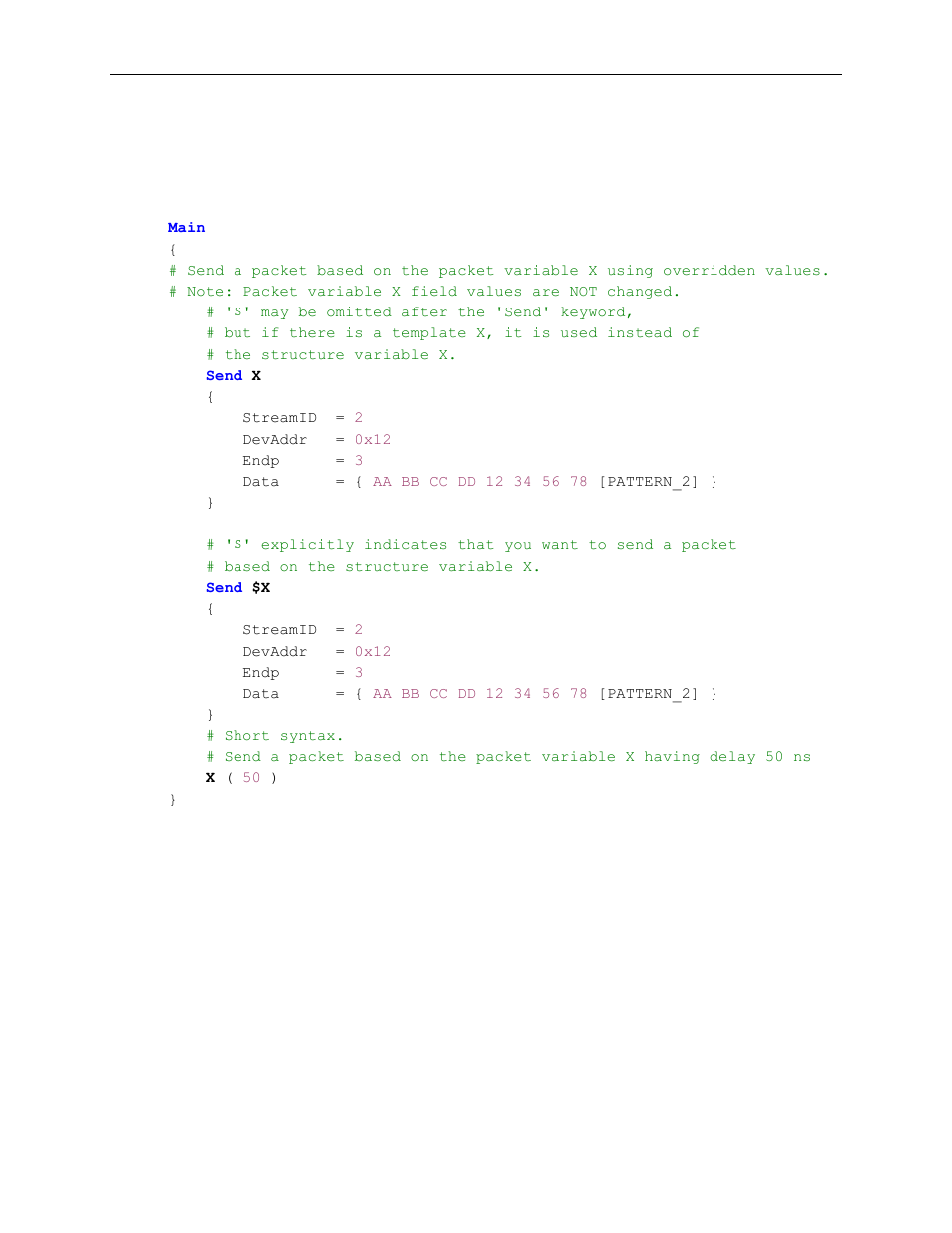 5 sending frames using structure variables, Sending frames using structure variables | Teledyne LeCroy Voyager Exerciser Generation Script Language Manual User Manual | Page 110 / 167