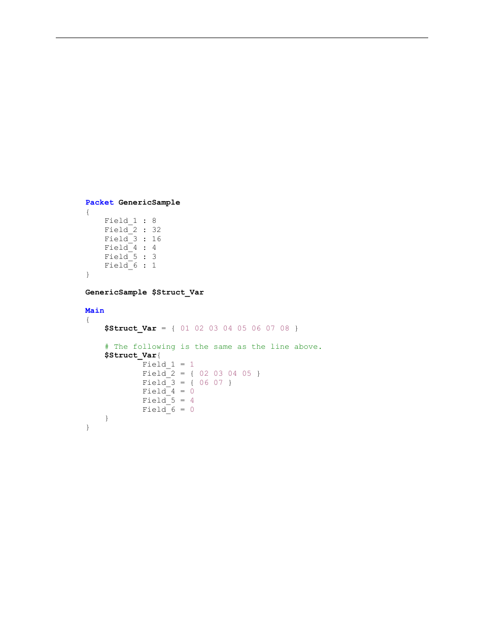 10 initializing struct variables from hex streams, Initializing struct variables from hex streams, Assignments for variables with fixed-length fields | Teledyne LeCroy Voyager Exerciser Generation Script Language Manual User Manual | Page 115 / 167