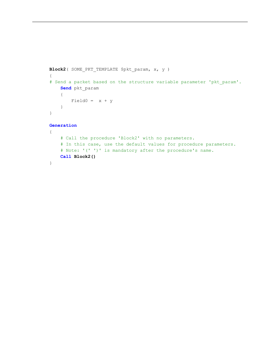 Calling a generation procedure with no parameters | Teledyne LeCroy Voyager Exerciser Generation Script Language Manual User Manual | Page 129 / 167