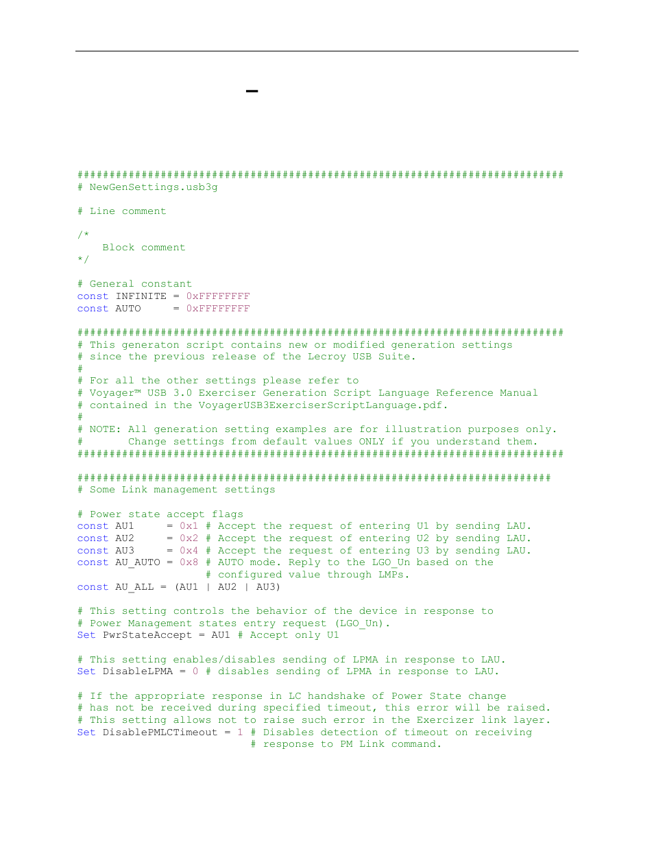 11 appendix a – generation script example, 1 example script 1, Appendix a | Generation script example, Example script 1 | Teledyne LeCroy Voyager Exerciser Generation Script Language Manual User Manual | Page 142 / 167