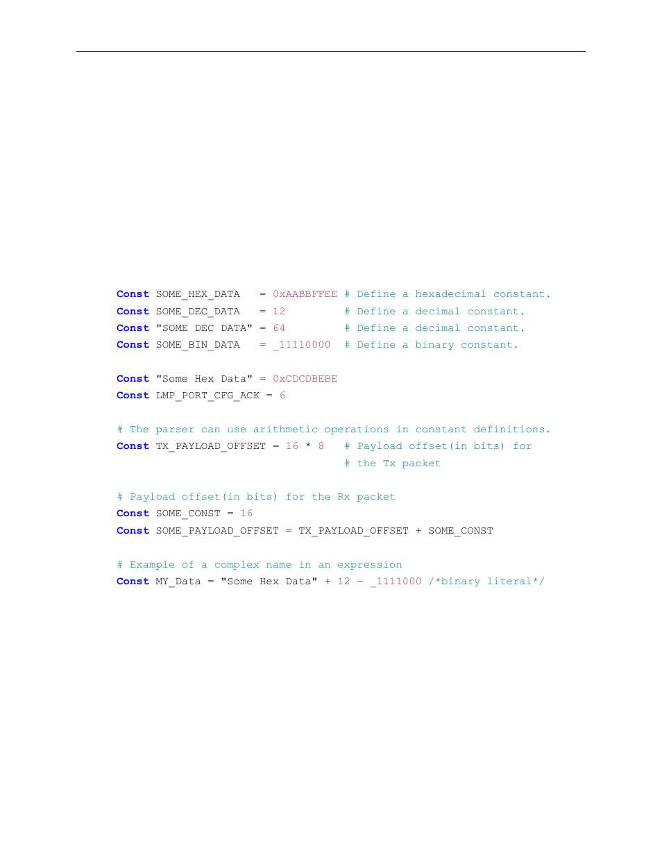 5 constant declarations, 1 predefined constants, 2 constant definition examples | Constant declarations, Predefined constants, Constant definition examples, Constants, 5constant declarations | Teledyne LeCroy Voyager Exerciser Generation Script Language Manual User Manual | Page 15 / 167