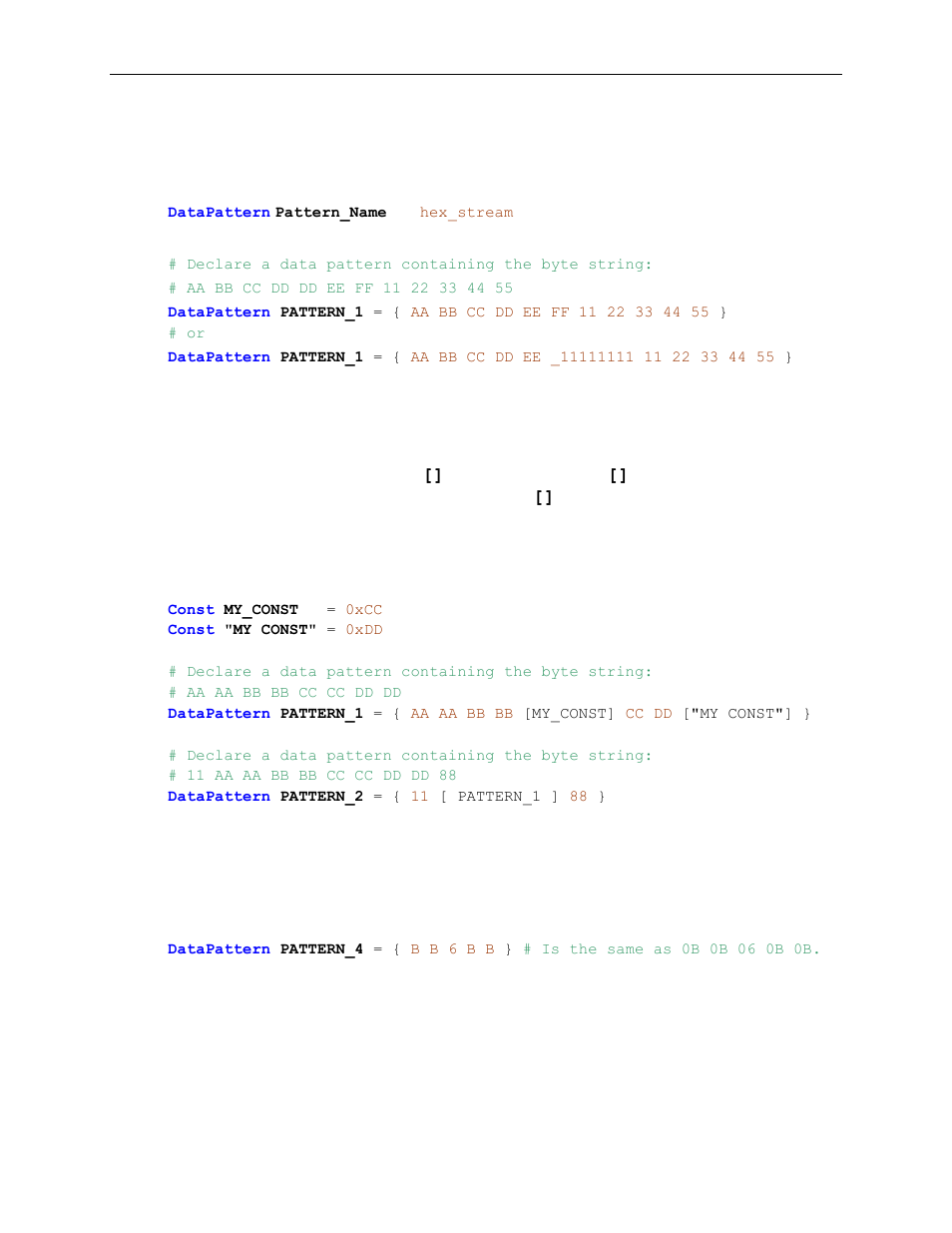 6 data pattern declarations, 1 constants and data patterns in declarations, 2 leading zeroes | Data pattern declarations, Constants and data patterns in declarations, Leading zeroes, Datapattern, 6data pattern declarations | Teledyne LeCroy Voyager Exerciser Generation Script Language Manual User Manual | Page 16 / 167