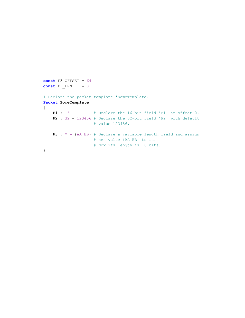 4 defining a default field value, Defining a default field value | Teledyne LeCroy Voyager Exerciser Generation Script Language Manual User Manual | Page 44 / 167