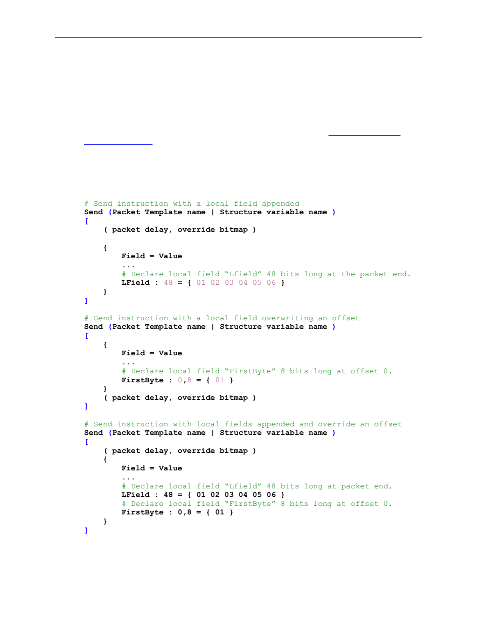4 using local fields in send packet instructions, Using local fields in send packet instructions | Teledyne LeCroy Voyager Exerciser Generation Script Language Manual User Manual | Page 78 / 167