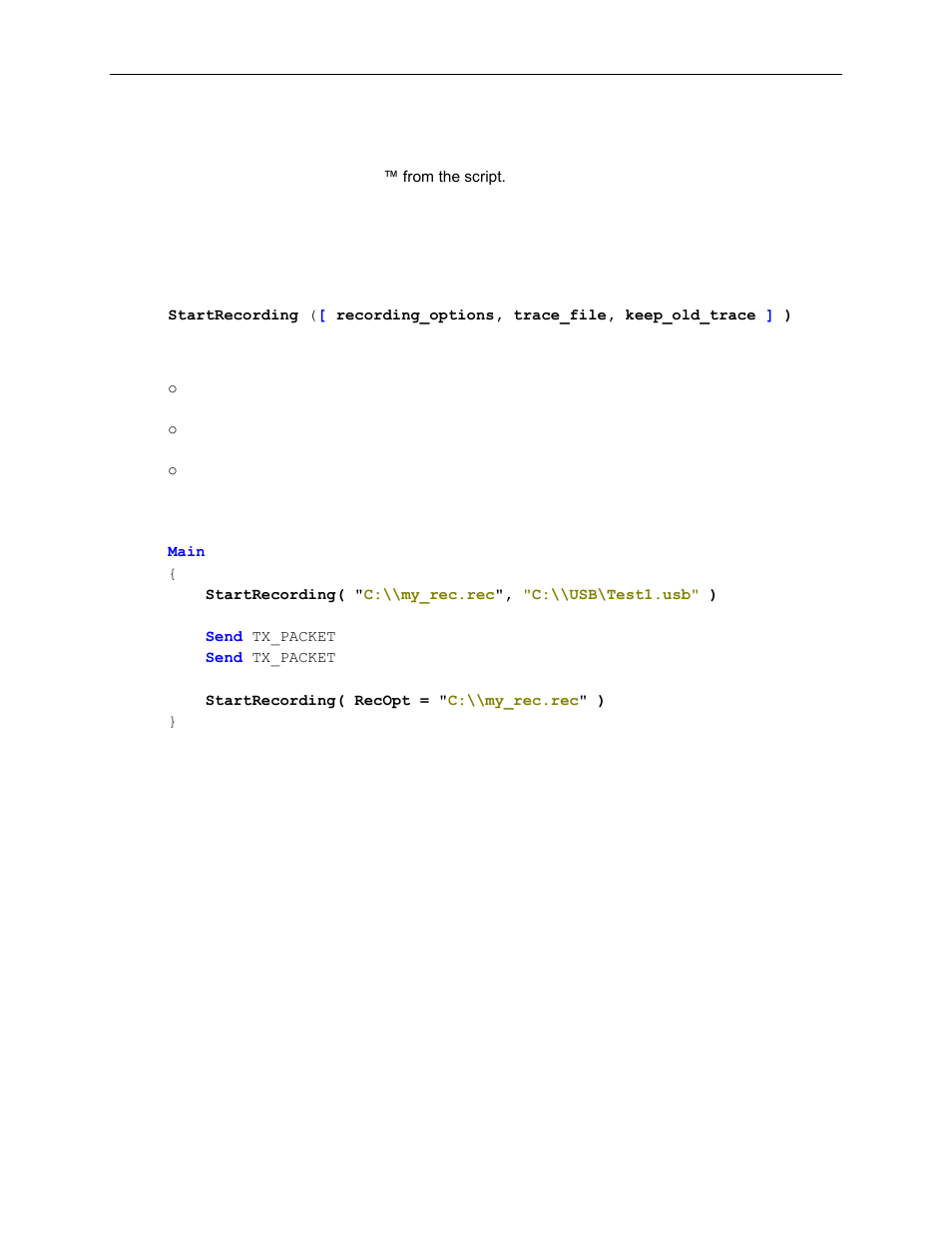 17 analyzer control instructions, 1 startrecording instruction, Analyzer control instructions | Startrecording instruction, Keepoldtrace_p, Recopt_p, Startrecording, Tracename_p | Teledyne LeCroy Voyager Exerciser Generation Script Language Manual User Manual | Page 97 / 167