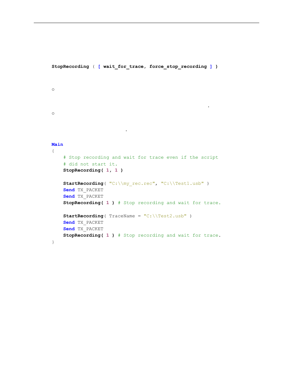 2 stoprecording instruction, Stoprecording instruction, Forcestoprec_p | Stoprecording, Waitfortrace_p | Teledyne LeCroy Voyager Exerciser Generation Script Language Manual User Manual | Page 98 / 167