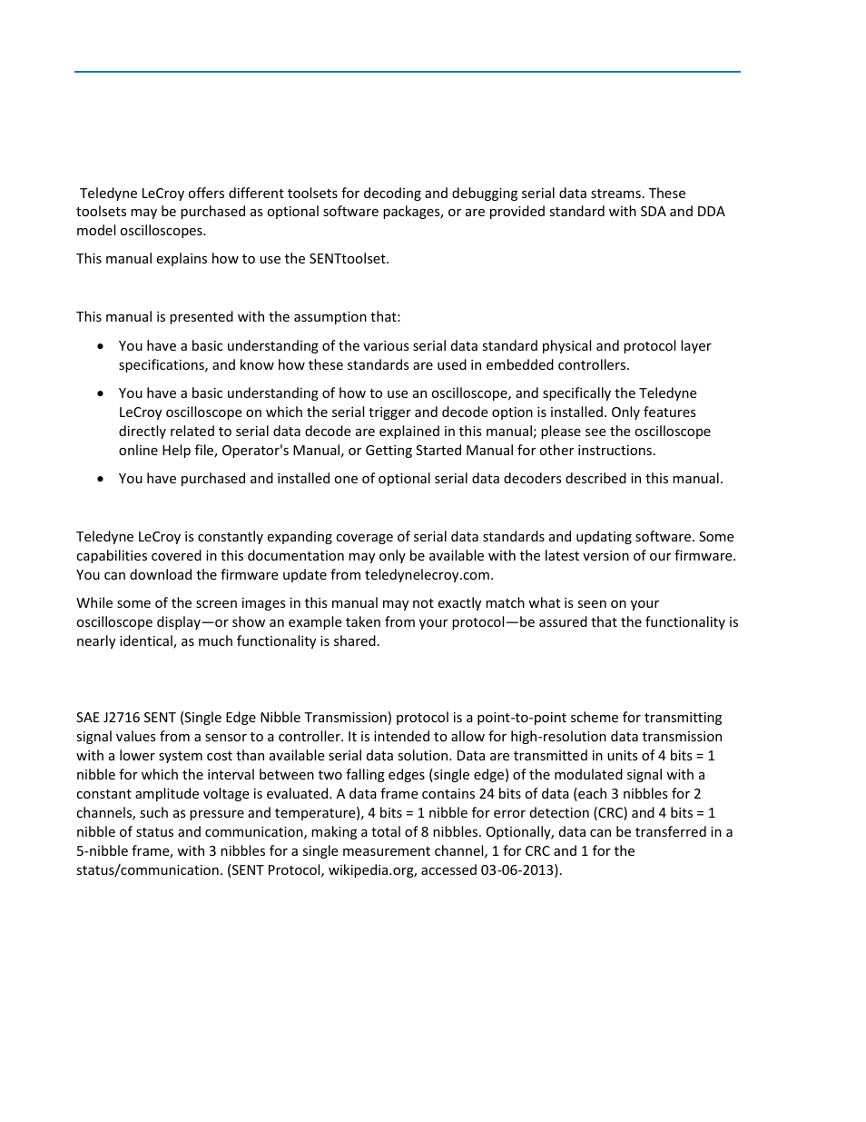 Introduction about this manual sent overview, Introduction, About this manual | Sent overview | Teledyne LeCroy SENT Decoder User Manual | Page 4 / 16