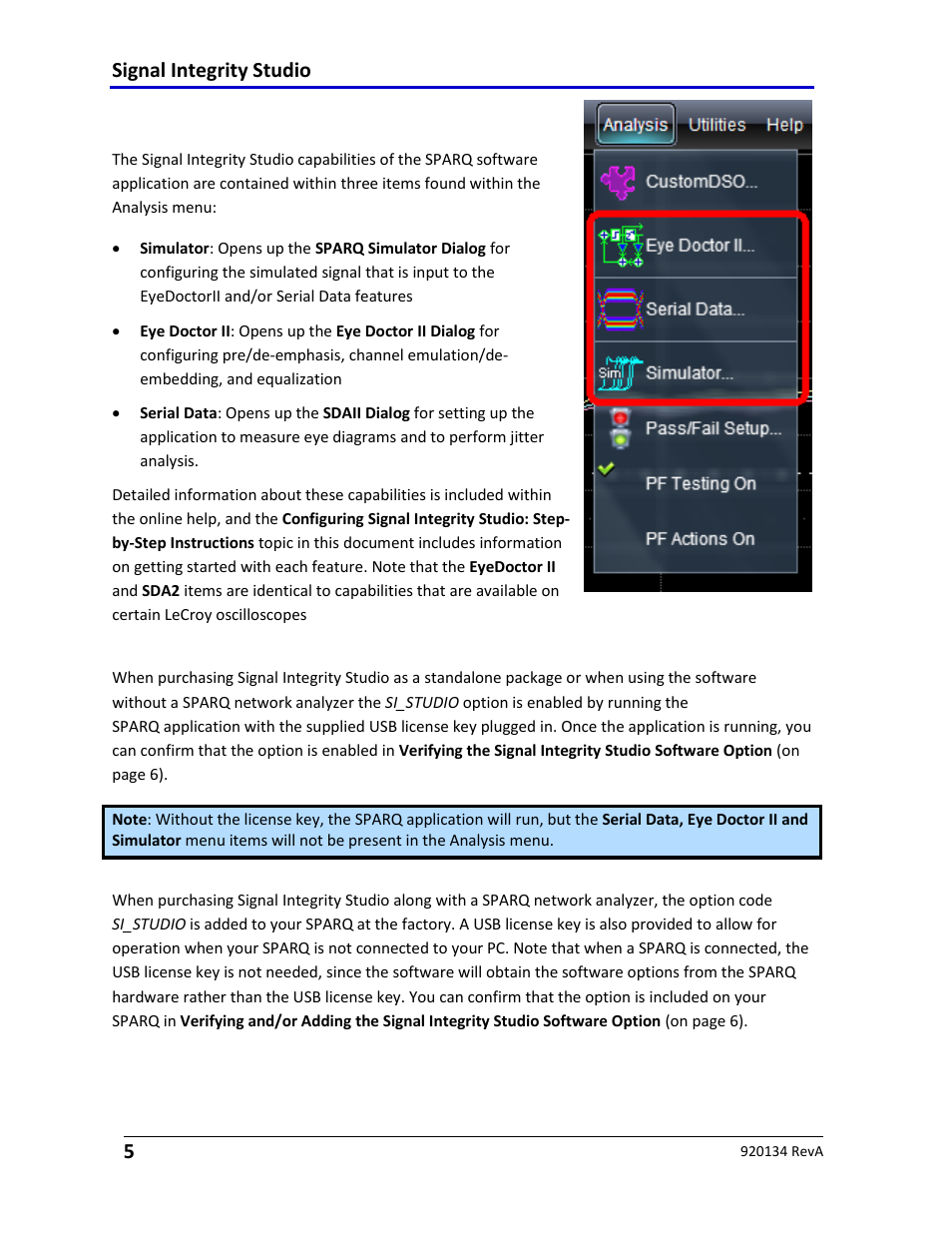 Summary of signal integrity studio capabilities, Operation without a lecroy sparq, Si studio as a sparq network analyzer option | Teledyne LeCroy Signal Integrity Studio User Manual | Page 5 / 14