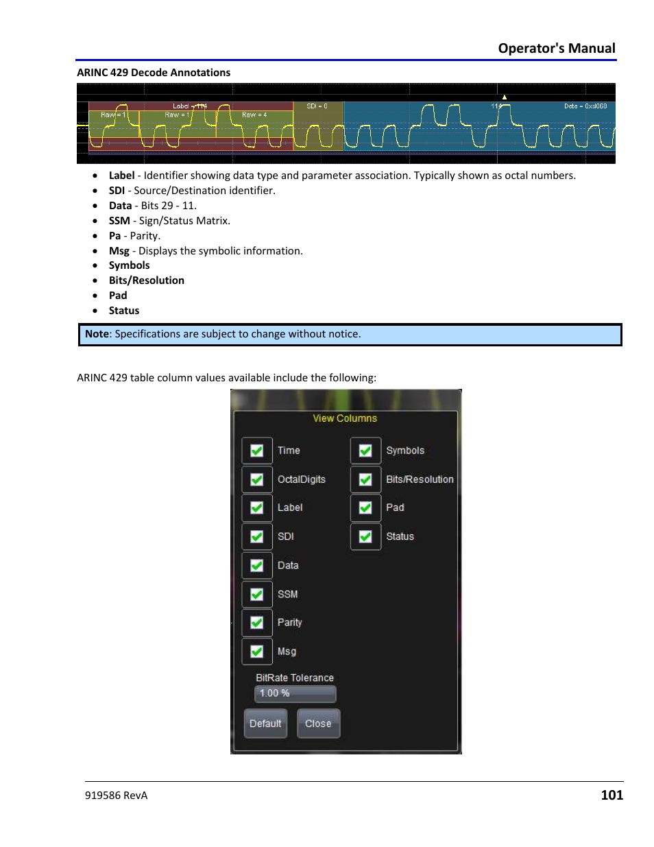 Arinc 429 decode table column details, Operator's manual | Teledyne LeCroy Serial Data Debug Solutions User Manual | Page 101 / 204