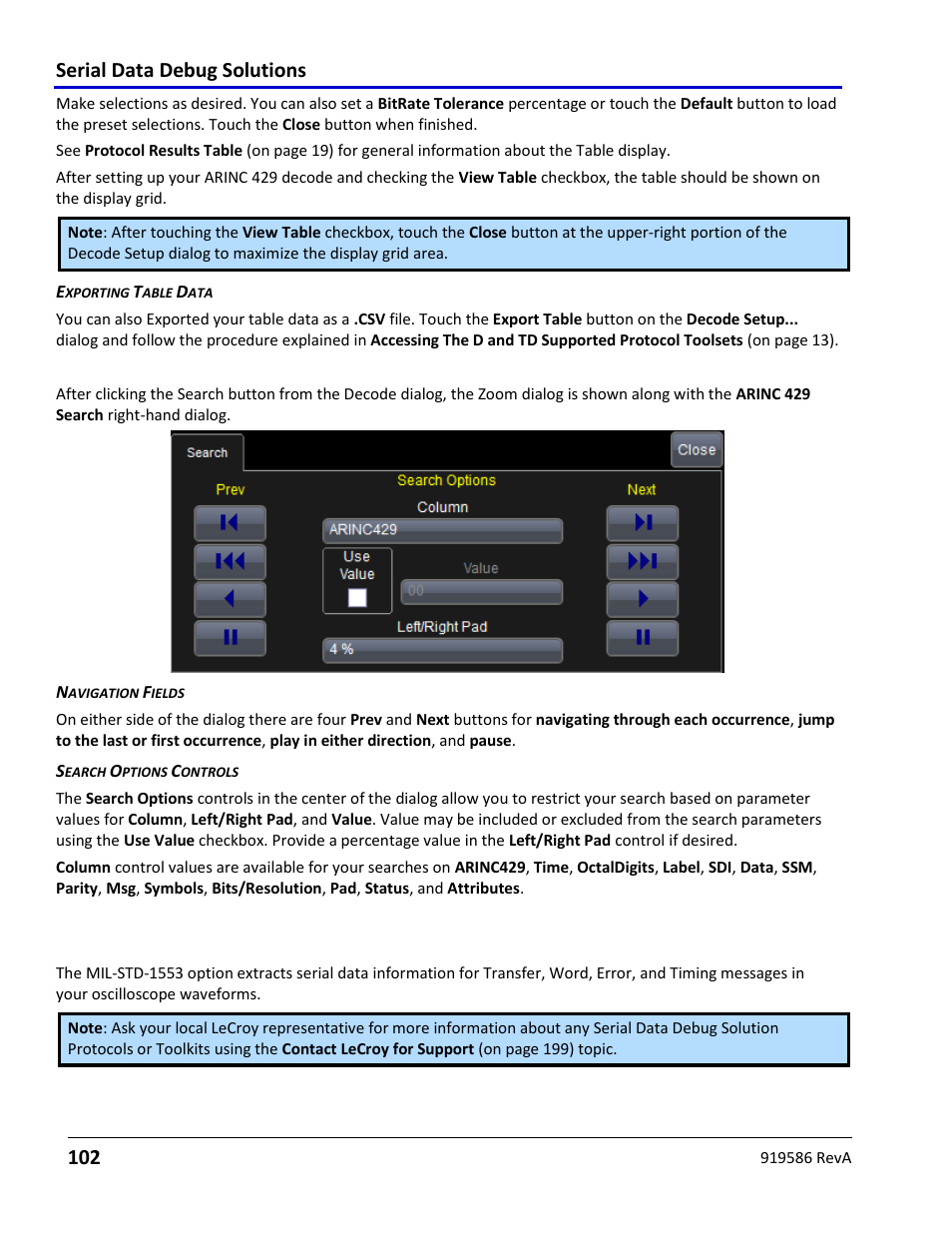 Arinc 429 decode search, Using the mil-std-1553 option, Using the mil-std-1553 option overview | Mil-std-1553, Serial data debug solutions 102 | Teledyne LeCroy Serial Data Debug Solutions User Manual | Page 102 / 204