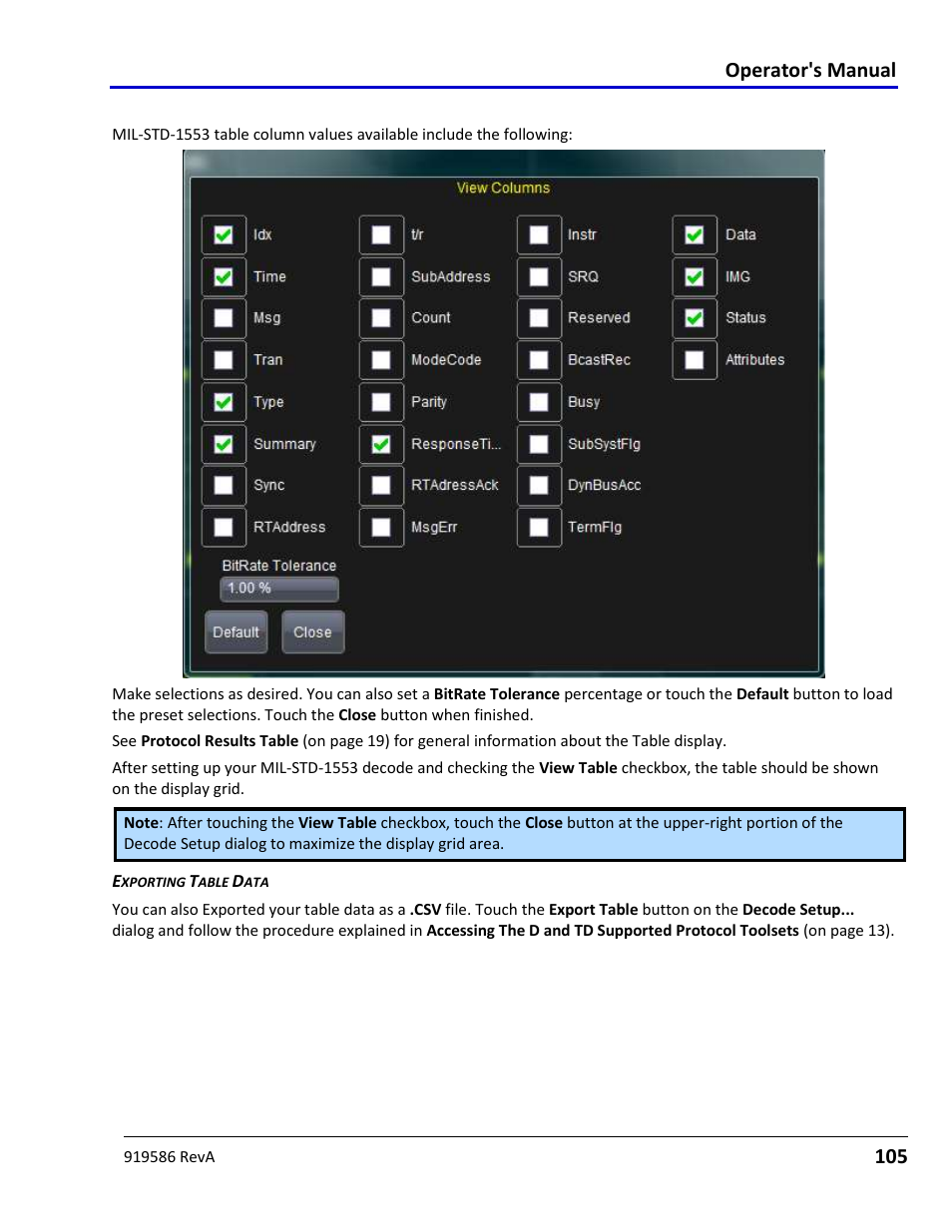 Mil-std-1553 decode table column details, Operator's manual | Teledyne LeCroy Serial Data Debug Solutions User Manual | Page 105 / 204