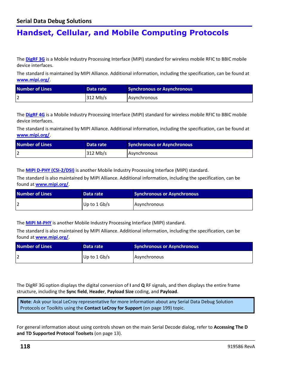 Handset, cellular, and mobile computing protocols, Digrf 3g, Digrf 4g | D-phy (csi-2/dsi), M-phy, Using the digrf 3g option, Using the digrf 3g option overview, Digrf 3g decode setup detail, Serial data debug solutions 118 | Teledyne LeCroy Serial Data Debug Solutions User Manual | Page 118 / 204