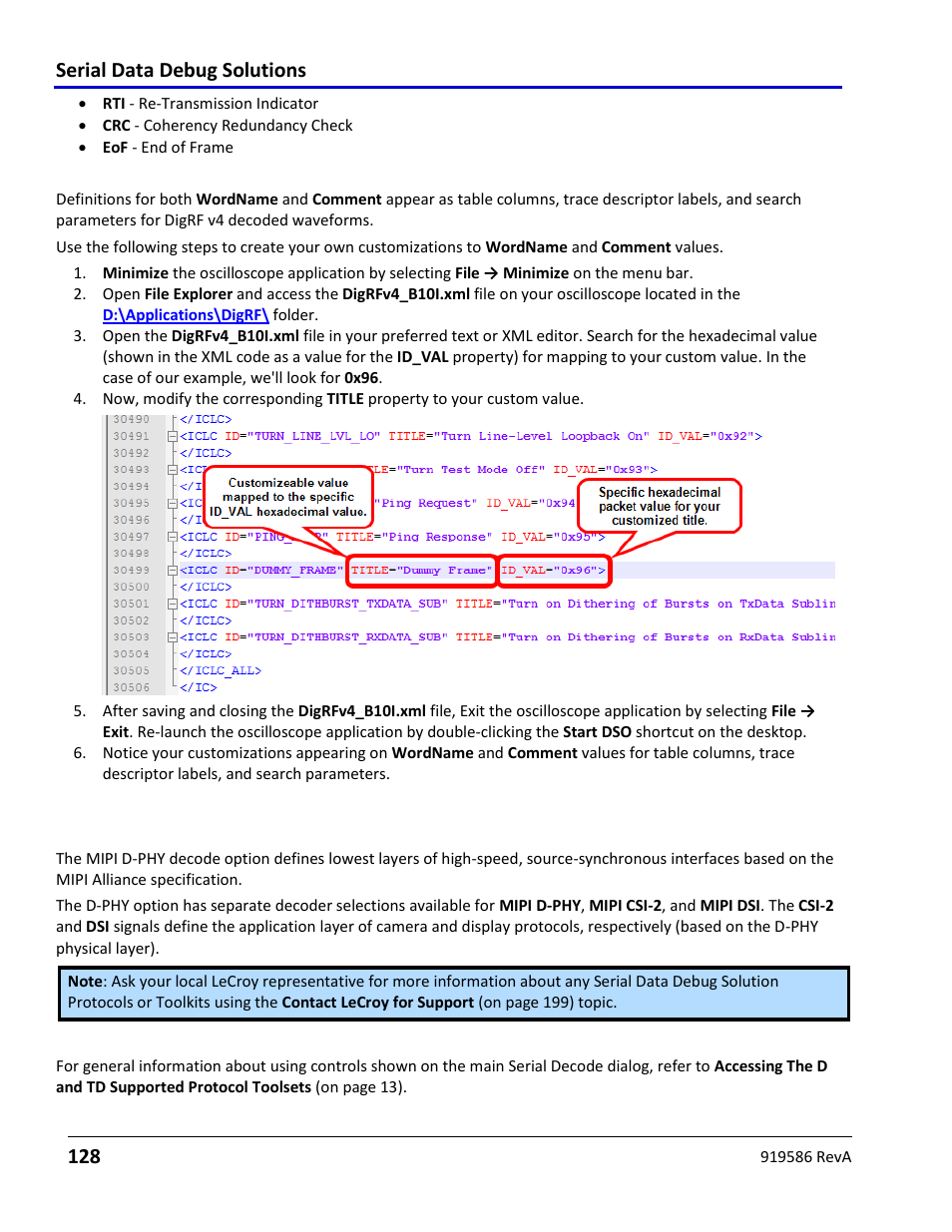 Customizing wordname and comment definitions, Using the mipi d-phy (csi-2/dsi) option, Using the mipi d-phy decode option overview | Mipi d-phy decode setup detail, Mipi d-phy (csi-2/dsi), Serial data debug solutions 128 | Teledyne LeCroy Serial Data Debug Solutions User Manual | Page 128 / 204