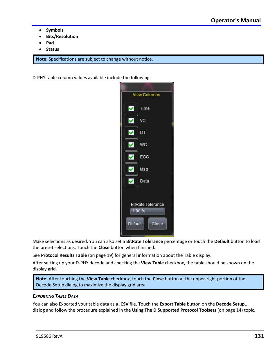 Mipi d-phy decode table column details, Operator's manual | Teledyne LeCroy Serial Data Debug Solutions User Manual | Page 131 / 204