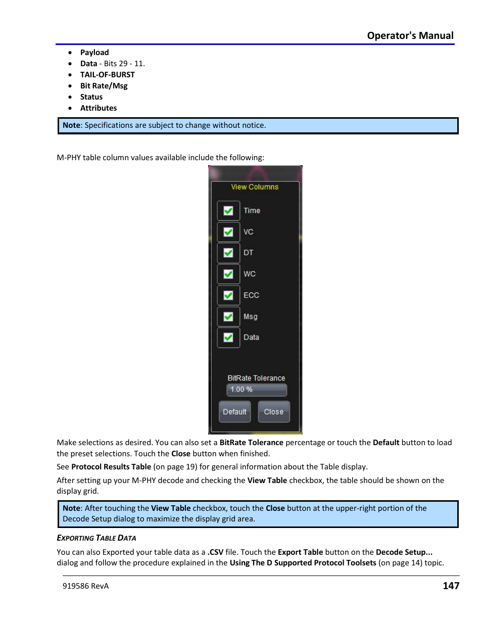 Mipi m-phy decode table column details, Operator's manual | Teledyne LeCroy Serial Data Debug Solutions User Manual | Page 147 / 204