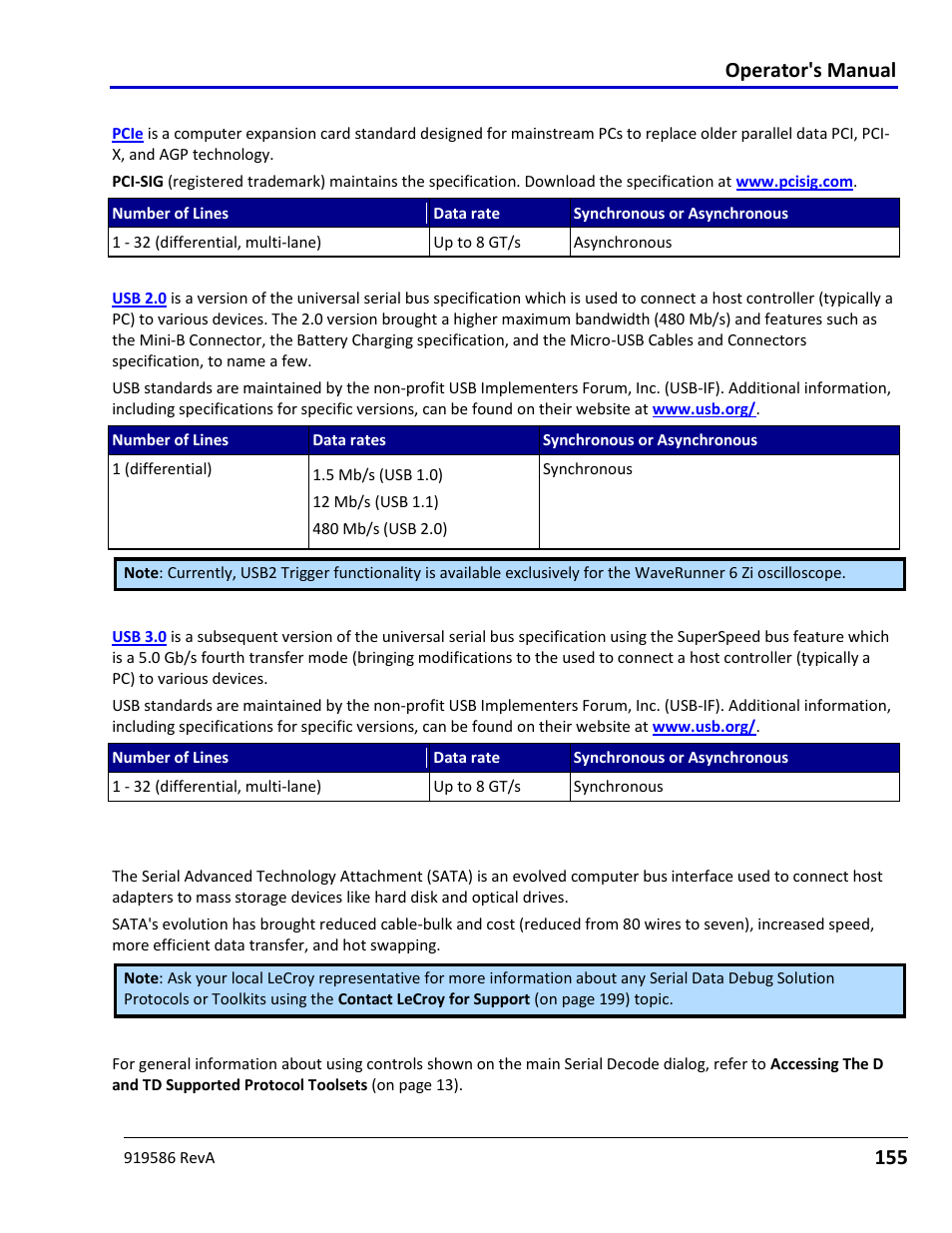 Usb 2.0, Usb 3.0, Using the sas option | Using the sas option overview, Sas decode setup detail, Operator's manual | Teledyne LeCroy Serial Data Debug Solutions User Manual | Page 155 / 204