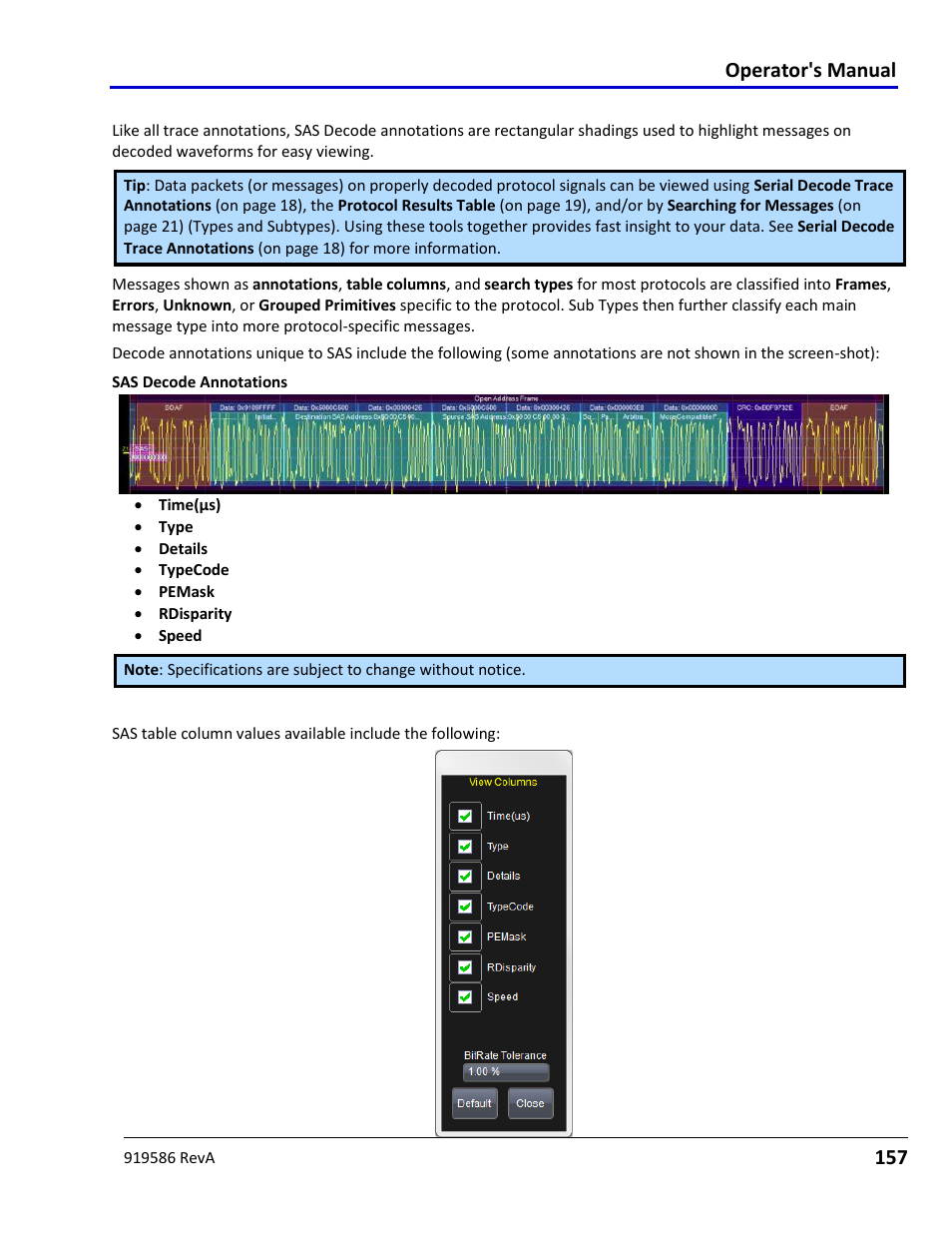 Sas decode trace annotations, Sas decode table column details, Operator's manual | Teledyne LeCroy Serial Data Debug Solutions User Manual | Page 157 / 204