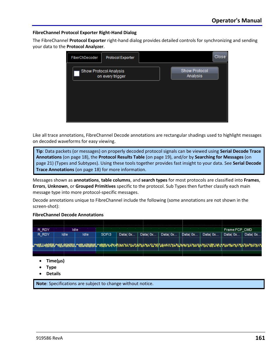 Fibrechannel decode trace annotations, Operator's manual | Teledyne LeCroy Serial Data Debug Solutions User Manual | Page 161 / 204