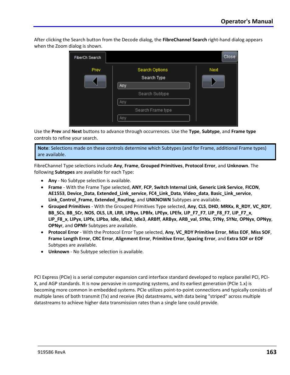 Fibrechannel decode search, Using the pcie option, Using the pciebus option overview | Storage, peripherals, and interconnects, Pcie, Operator's manual | Teledyne LeCroy Serial Data Debug Solutions User Manual | Page 163 / 204