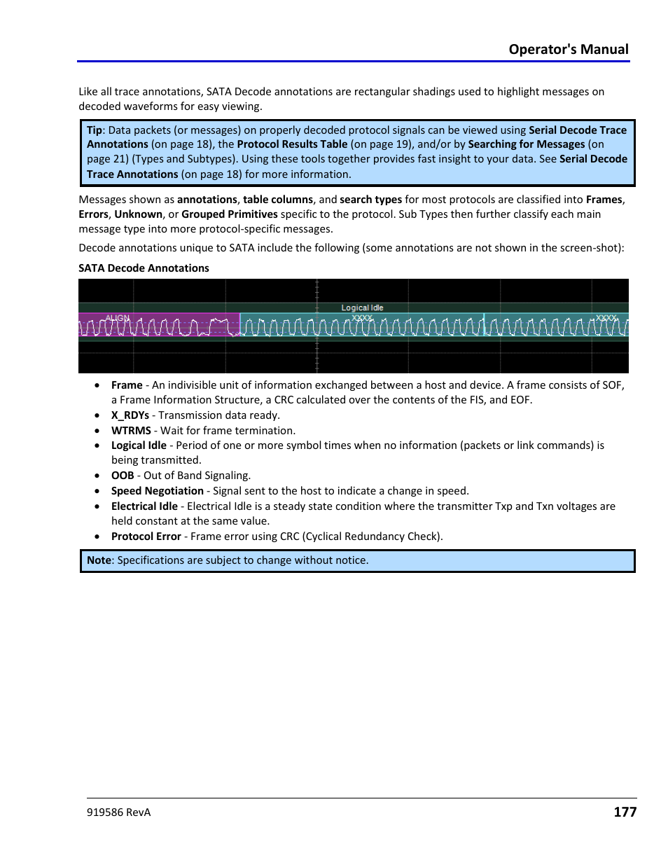 Sata decode trace annotations, Operator's manual | Teledyne LeCroy Serial Data Debug Solutions User Manual | Page 177 / 204