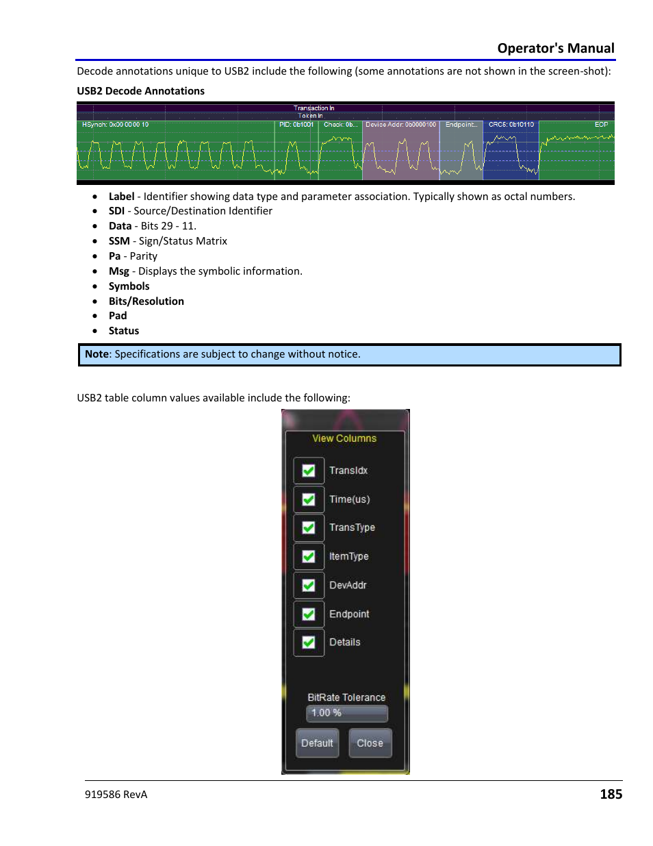 Usb2 decode table column details, Operator's manual | Teledyne LeCroy Serial Data Debug Solutions User Manual | Page 185 / 204
