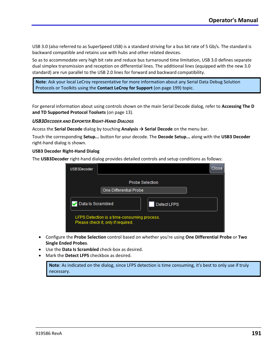 Using the usb3 option overview, Usb3 decode setup detail, Operator's manual | 191 using the usb3 option | Teledyne LeCroy Serial Data Debug Solutions User Manual | Page 191 / 204