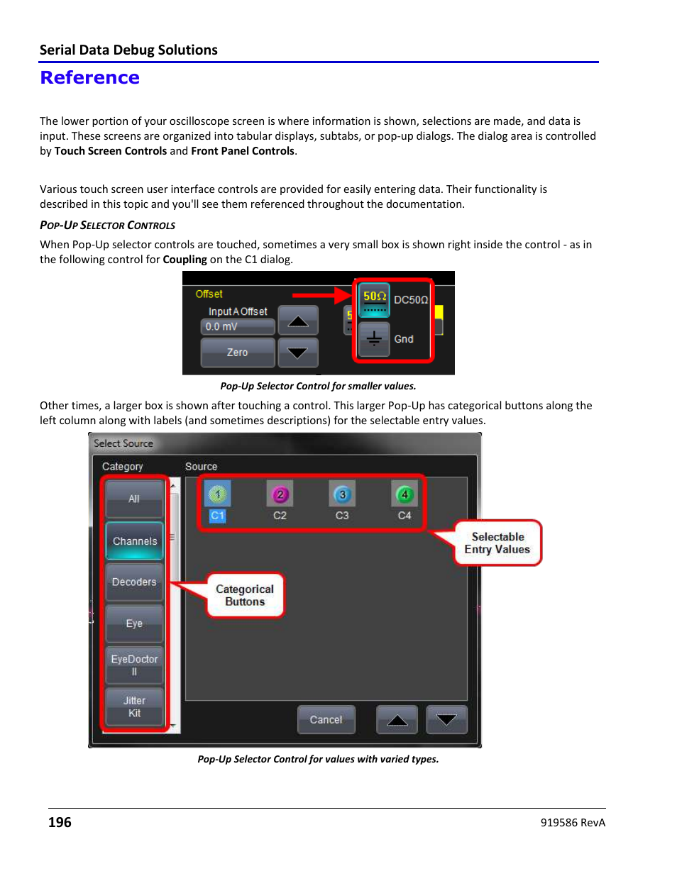 Reference, Dialog area, Touch screen controls | Serial data debug solutions 196 | Teledyne LeCroy Serial Data Debug Solutions User Manual | Page 196 / 204