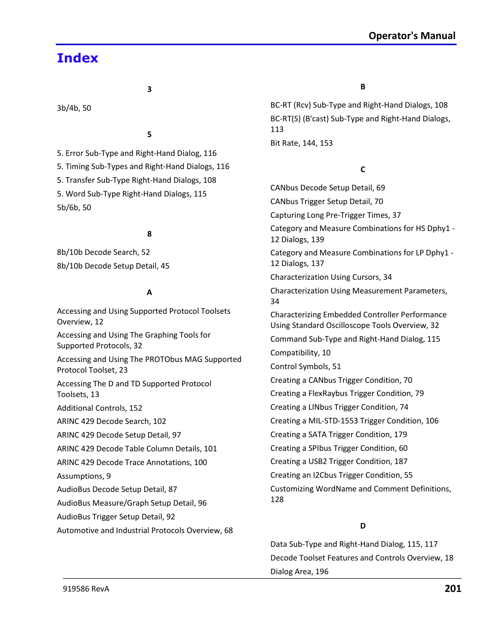 Index, Operator's manual | Teledyne LeCroy Serial Data Debug Solutions User Manual | Page 201 / 204