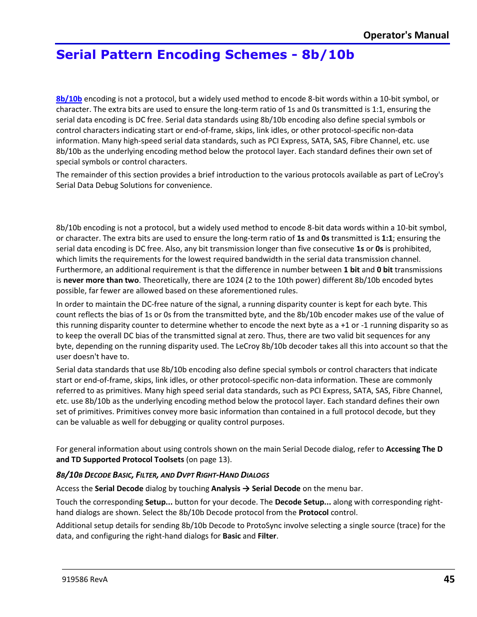 Serial pattern encoding schemes - 8b/10b, Serial pattern encoding schemes overview, 8b/10b | Using the 8b/10b option, Using the 8b/10b option overview, 8b/10b decode setup detail, Operator's manual | Teledyne LeCroy Serial Data Debug Solutions User Manual | Page 45 / 204
